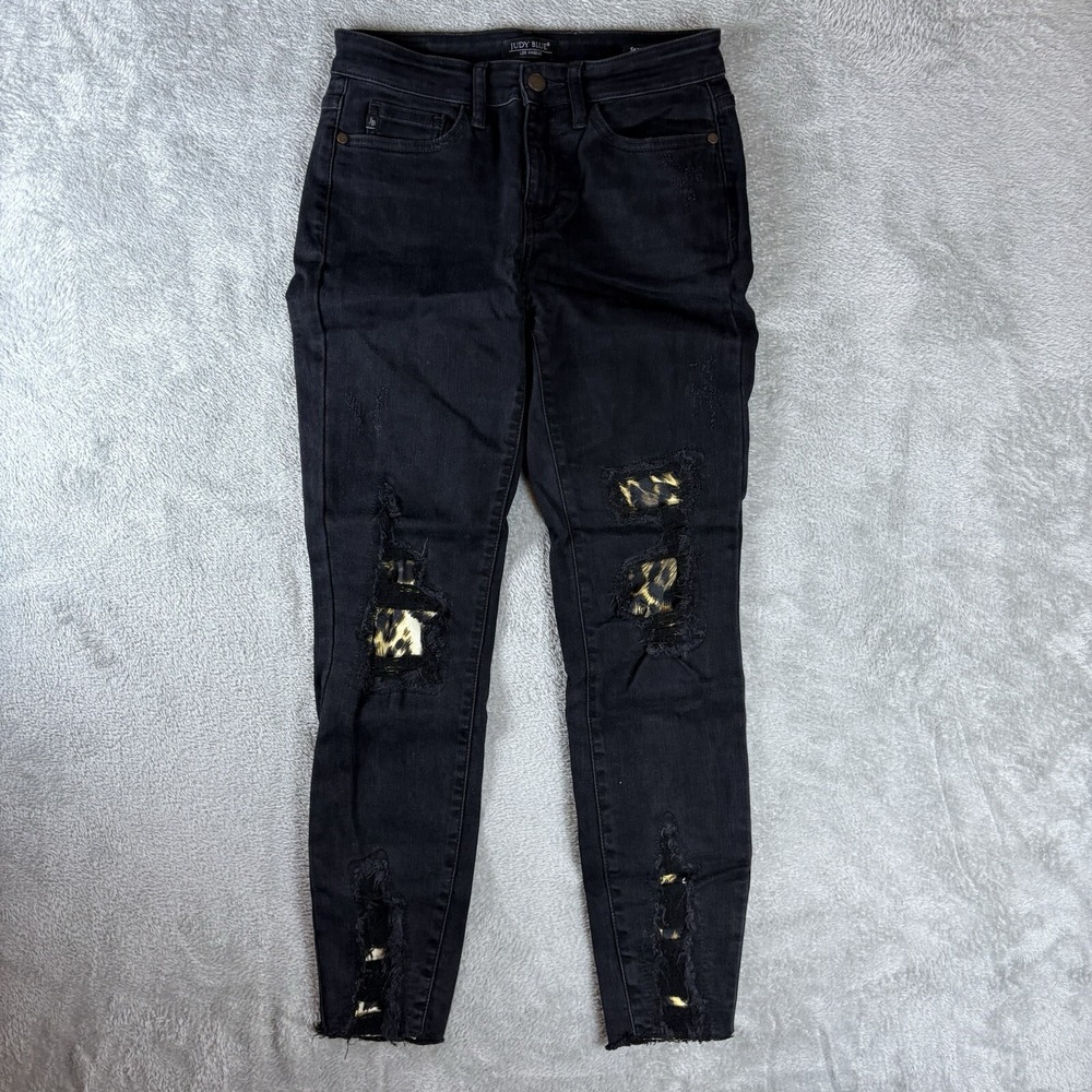 Judy Blue‎ 3/26 Black Skinny Fit Leopard Distressed Jeans Stretch